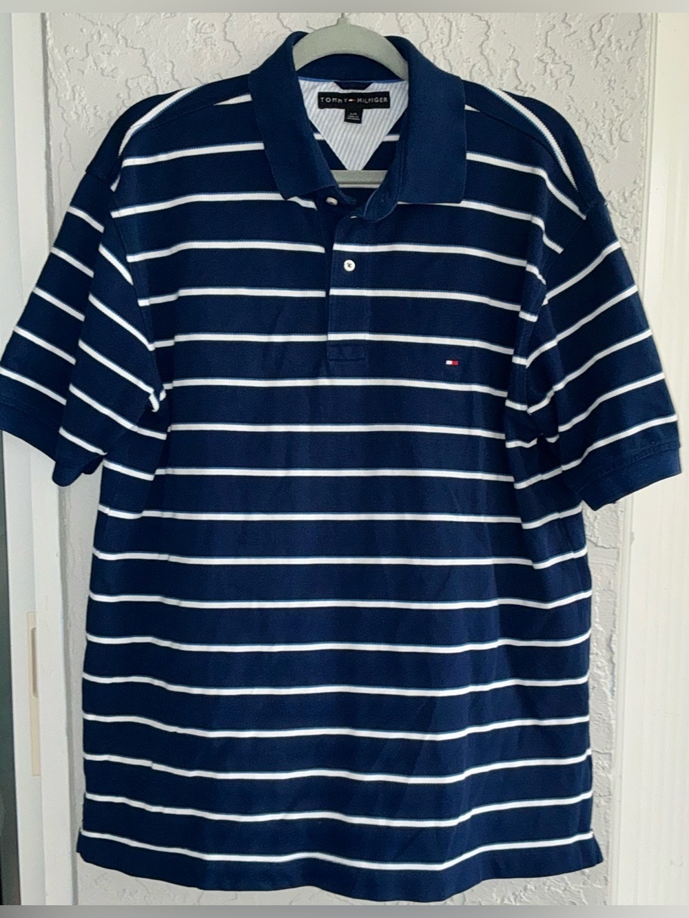 Tommy Hilfiger Navy and White Horizontal Stripe Polo